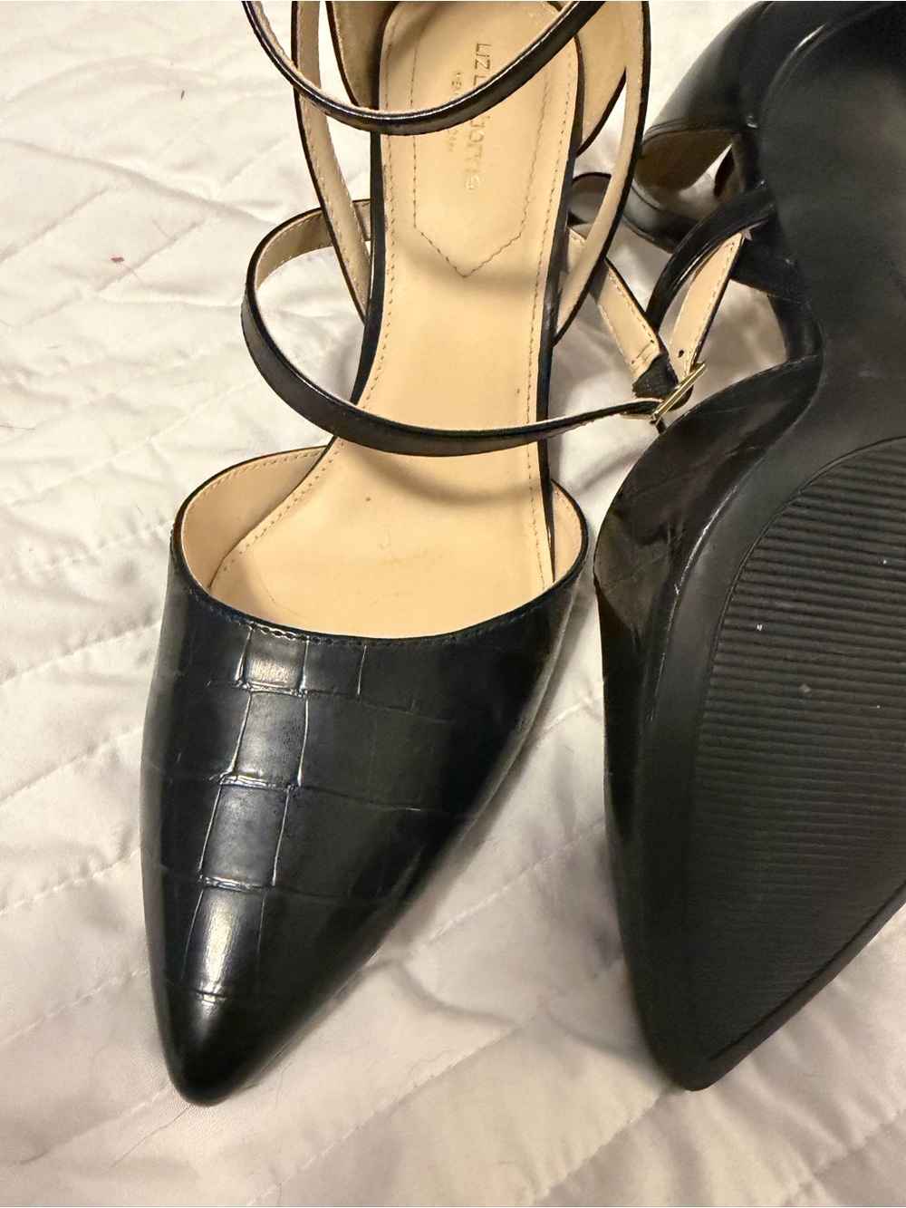 Harveys Black Croc-Embossed Pointed Toe Ankle Strap Heels